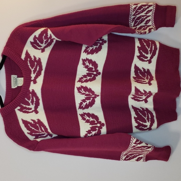 Vtg 90s Fashion Formulas Knit Purple Plum White Sweater Stripe, Leaf Design, Sm - Picture 14 of 14